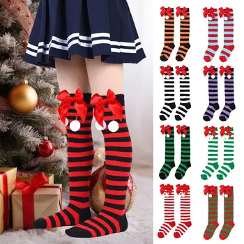 1 пара Рождественских носков с бантиком для волос, Мягкие детские носки в полоску из полиэстера, Антифрикционные Рождественские чулки, Осень и зима