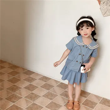 1642C Комплект одежды для девочек, костюм с юбкой, Лето 2022, Новая Корейская одежда из двух предметов для маленьких девочек, темно-синяя рубашка с воротником + плиссированная юбка