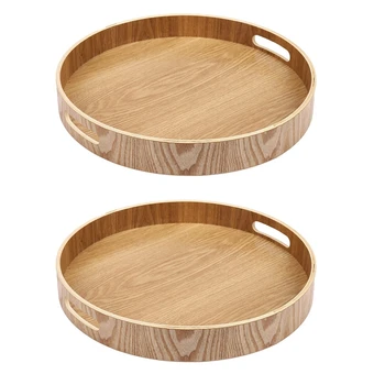 2 круглых сервировочных бамбуковых деревянных подноса для обеденных подносов, чайного батончика, контейнера для еды для завтрака, ручки для лотка для хранения 3