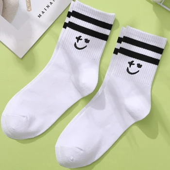 2 пары носков средней длины, женские параллельные брусья, модная вышивка с улыбающимся лицом, весенне-осенние носки для девочек, впитывающие пот.
