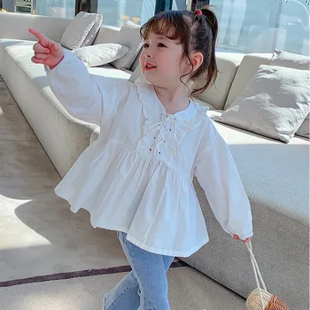 2023, весна-осень, белые блузки с длинными рукавами для девочек, детские блузки Корейского дизайна, детская блузка