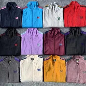 2023 Многоцветная куртка в полоску с иглами, мужская и женская Бархатная спортивная куртка с логотипом 1: 1, верхняя одежда, пальто в полоску, колготки