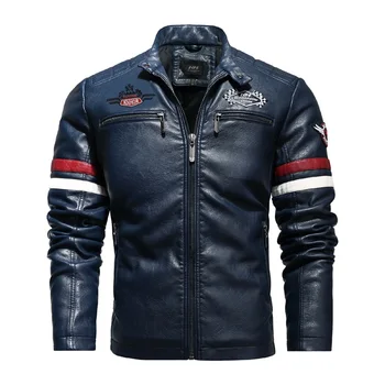 2023 Мужские мотоциклетные Кожаные куртки, зимняя флисовая теплая байкерская куртка, мужская куртка-бомбер со стоячим воротником, винтажная куртка из искусственной кожи в стиле пэчворк