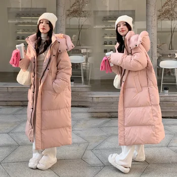 2023 Новое Корейское модное пальто средней длины с утолщенным капюшоном выше колена, теплые парки для женщин