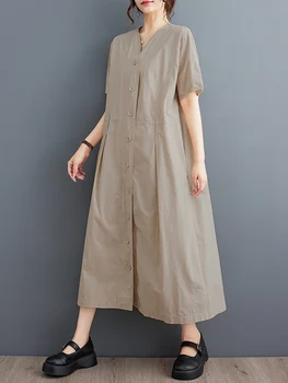 2023, Новые летние Винтажные платья в стиле пэчворк цвета хаки для женщин, Корейская мода, V-образный вырез, Короткий рукав, Свободное повседневное платье, Элегантная одежда