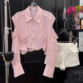 2023 Новый Европейский Нежный стиль Одежды Design Sense Короткая рубашка Блузы Пальто Ниша Уникальная Шикарная Розовая блузка Топ для женской одежды