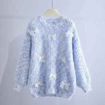 2023 Новый свитер с круглым вырезом и бантом, женская Осенне-зимняя Корейская свободная верхняя одежда, трикотаж в ленивом стиле, толстый