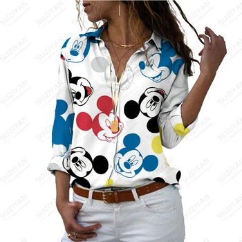 2023 Новый Свободный женский топ Harajuku на пуговицах, рубашка с длинным рукавом и V-образным вырезом, Элегантный цветочный принт Disney, Милый модный топ Оверсайз