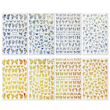 8 Листов Голографических Наклеек для нейл-арта с бабочками, Клейкие Наклейки из Золотой Серебряной Лазерной фольги для ногтей, украшения для маникюра для девочек своими руками