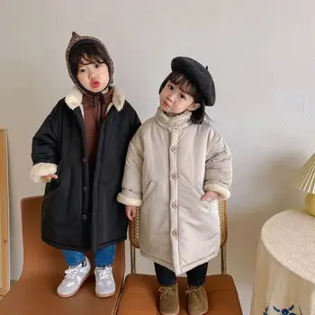 9540 г Детское длинное пальто, куртка с хлопковой подкладкой и бархатом, зимняя теплая одежда для мальчиков и девочек, меховое длинное пальто, детская зимняя одежда