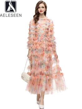 AELESEEN Дизайнерское модное вечернее платье Макси для женщин, Весна-осень, Цветочный принт, Оборки, 3D Съедобный Древесный грибок, Марлевый винтажный выпускной бал