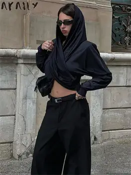 Akaily Осенний Сексуальный черный облегающий топ с капюшоном в складку, уличная повседневная одежда для женщин 2023, модный облегающий укороченный топ с длинным рукавом