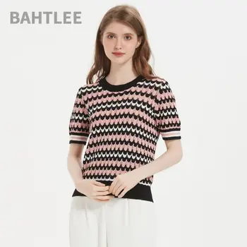 BAHTLEE, Летний женский льняной пуловер с коротким рукавом, выдолбленный дизайн, Вязаные свитера с круглым вырезом и пуговицами в полоску, дышащие