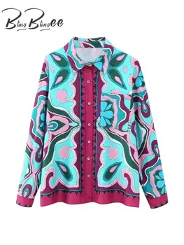 BlingBlingee 2023, Летняя Женская Свободная рубашка с принтом, Лоскутная Атласная блузка на пуговицах, Винтажный Женский топ