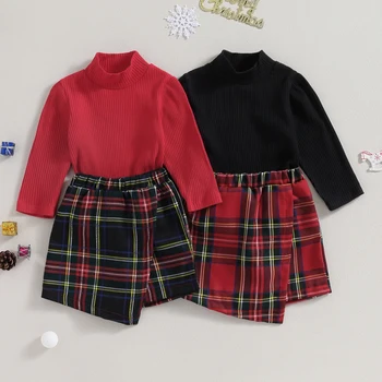 Citgeett, осенне-рождественский детский наряд для девочек, топы с длинными рукавами в рубчик и юбка в клетку неправильной формы, осенняя рождественская одежда