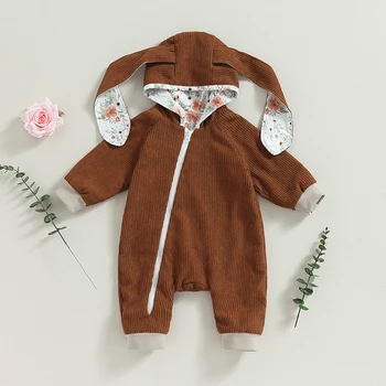 Citgeett Осенний комбинезон для новорожденных мальчиков и девочек в стиле пэчворк с заячьими ушками, капюшоном и длинными рукавами, детские комбинезоны, осенняя одежда