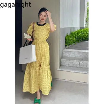 Gaganight Женское желтое платье с пышными рукавами во французский горошек, женское летнее платье 2023 с завязками на поясе и круглым вырезом, длинные платья трапециевидной формы