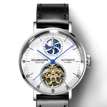 GUANQIN Новые механические мужские часы класса люкс с турбийоном, стальная оболочка, фаза Луны, автоматические часы для мужчин, водонепроницаемые кожаные часы