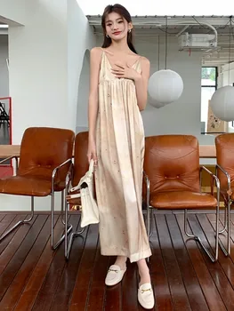GUUZYUVIZ Лето 2023 Элегантное Шифоновое платье-комбинация с V-образным вырезом и принтом на шнуровке, Длинное женское платье