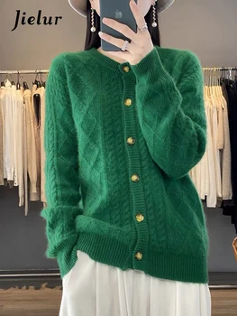Jielur, Зеленый свитер с круглым вырезом, Шикарный вязаный свитер, женский кардиган в полоску, Зимний базовый Свободный Простой повседневный женский кардиган сплошного цвета