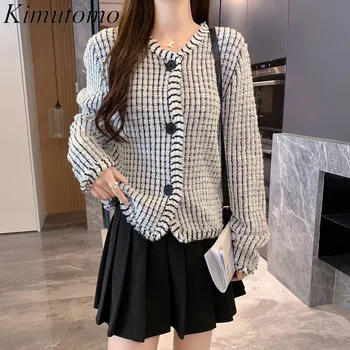 Kimutomo Винтажное вязаное пальто свободного кроя в контрастную полоску, женское элегантное вязаное пальто с V-образным вырезом и длинными рукавами на одной груди, Универсальный свитер Ins