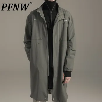PFNW двойной слой шеи стоя над силуэта длиной до колена середины мужской тренч высокого улице осень зима прилив пальто 12Z1991