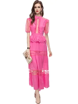 QQ7098 Винтажный стиль, воротник-стойка, короткий рукав, сексуальное прозрачное розовое длинное платье в европейском и американском стиле, новые женские летние и осенние
