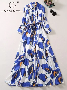 SEQINYY Повседневное платье-рубашка Лето Весна Новый Модный дизайн Женская Взлетно-посадочная полоса Хай-Стрит Винтажный Синий пояс Миди с цветочным принтом