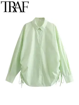 TRAF Модная Женская однотонная рубашка, Повседневные Тонкие блузки с отложным воротником, однобортные блузки с длинными рукавами, Осень 2023, Y2k