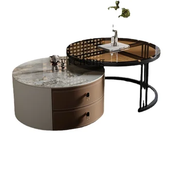 YY Размер круглое седло из кожи в итальянском стиле, легкий роскошный Современный простой стеклянный чайный столик