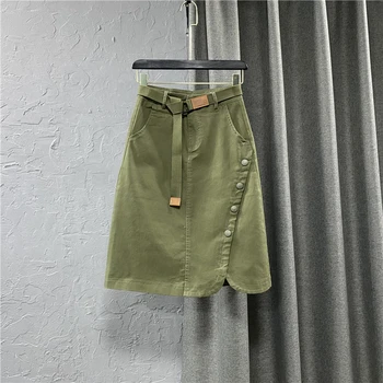 Армейская зеленая джинсовая юбка средней длины с высокой талией, женские весенне-летние повседневные джинсовые юбки трапециевидной формы с поясом 2023