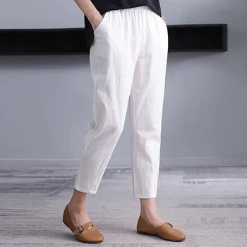 Большие женские свободные и тонкие летние хлопчатобумажные льняные женские модные повседневные брюки Harlan 2020 года