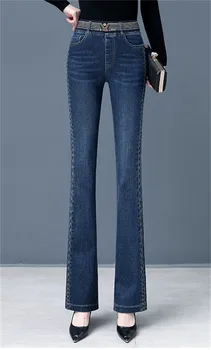Винтажные джинсы-клеш с высокой талией, прямые джинсовые брюки в полоску по бокам, Pantalon Femme, большие размеры 4xl, стрейчевые Вакеро, повседневные узкие колготки