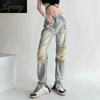 Винтажные удлиненные женские прямые джинсы, индивидуальность, Рваные дыры, хип-хоп Свободный тренд, Молния с разрезом, женские рваные брюки, Уличная одежда