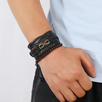 Винтажный кожаный браслет для мужчин, украшение для рук, Популярный модный многослойный комбинированный набор, Тканый браслет и браслеты для мужчин