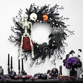 Гирлянда с черепом на Хэллоуин, украшенная знаком приветствия, Черная гирлянда из паутины, украшенная знаком Хэллоуина для входной двери
