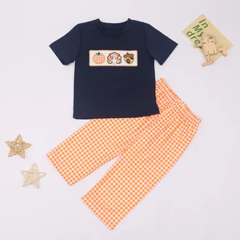 Готовый к отправке комплект для мальчика на День Благодарения, черный топ, оранжевые шорты, костюм от 1 до 8 лет, наряд с вышивкой из тыквы и индейки
