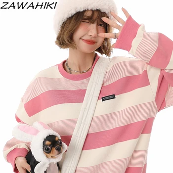 Демисезонный Американский Свободный Розовый пуловер, полосатая толстовка, Женская повседневная одежда с круглым вырезом и длинным рукавом, шикарный топ контрастного цвета