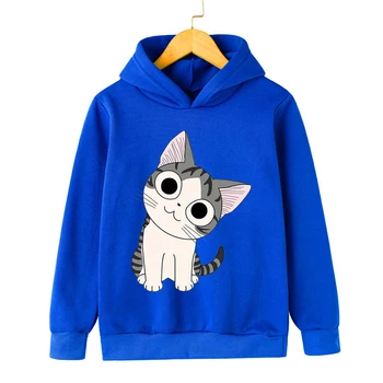 Детская одежда с принтом кота Каваи, уличная одежда с мультяшными животными для девочек, Осенний Модный пуловер, свитшоты для мальчиков с милыми кошками с длинным рукавом