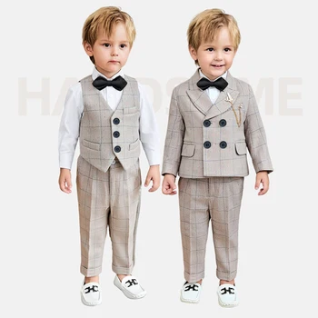 Детский строгий клетчатый костюм для мальчика на свадьбу, День рождения, фото для подиума, детский блейзер, брюки с бабочкой, одежда