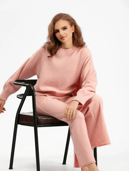 Женская осенне-зимняя новая модная Повседневная трикотажная одежда, блузка, свободный женский свитер, Широкие брюки, комплекты для женщин, пуловеры из 2 предметов