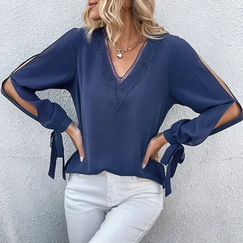 Женская рубашка с длинным рукавом 2023, Осенняя новинка, однотонная сексуальная блузка с V-образным вырезом, Элегантный Офисный Женский топ S-XL