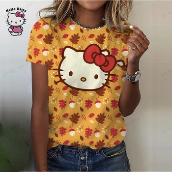 Женская футболка с коротким рукавом Hello Kitty, новинка 2023, летняя женская футболка с круглым вырезом, повседневные футболки с рисунком аниме, универсальные топы