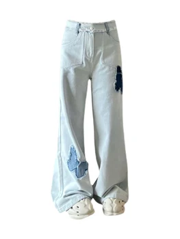 Женские брюки Gyaru Jeans Y2k винтажного синего цвета с высокой талией и широкими штанинами Джинсовые мешковатые с вышивкой в стиле пэчворк Повседневная уличная одежда Tide