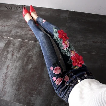 Женские джинсы в обтяжку, весенне-осенняя вышивка в виде цветка пиона, джинсовые брюки-стрейч с национальным ветром, Брюки Mujer