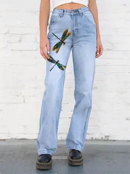 Женские джинсы С весенне-осенним принтом в виде стрекозы, свежие повседневные джинсы большого размера
