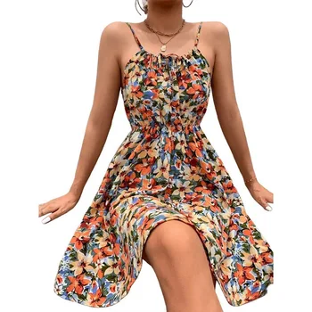 Женские платья 2023, Летняя Новая мода, Свободная мини-юбка без рукавов с принтом, богемное платье с цветочным рисунком, женское платье