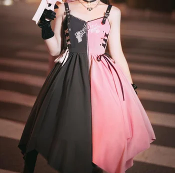 Женские платья в стиле готической Лолиты с темно-розовыми подтяжками JSK в стиле панк