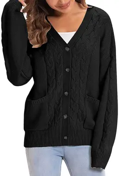 Женский кардиган ручной вязки с V образным вырезом и длинным рукавом, Трикотаж на пуговицах, укороченный свитер с карманами, верхняя одежда
