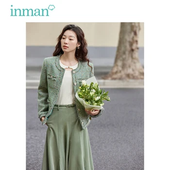 Женский твидовый пиджак INMAN 2023, осеннее свободное пальто с длинным рукавом и круглым вырезом, разноцветные элегантные топы в клетку с рисунком.